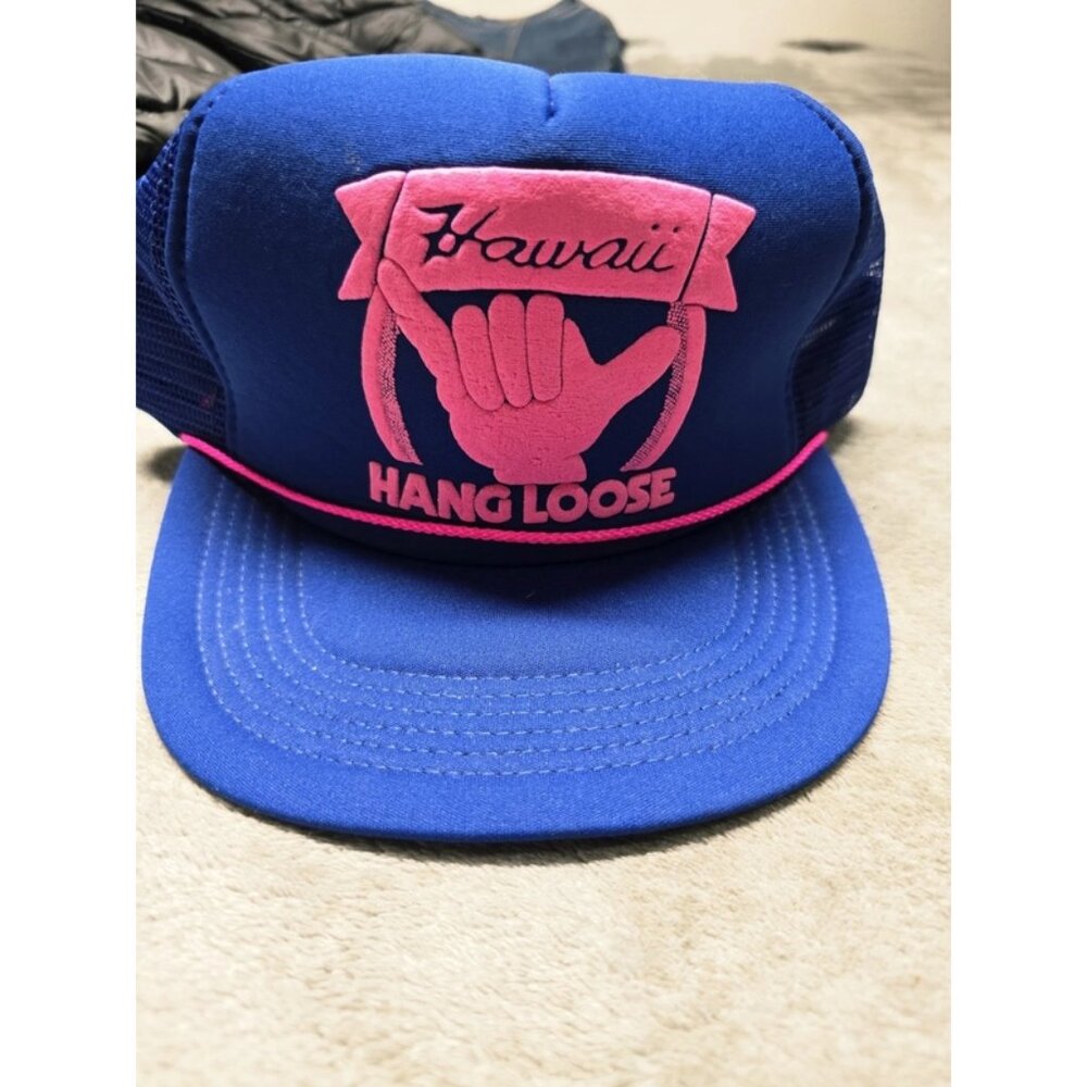 Hawaiian Headwear Hawaii Hang‎ Loose Truckers Hat Blue Mesh Snapback Pink Logo